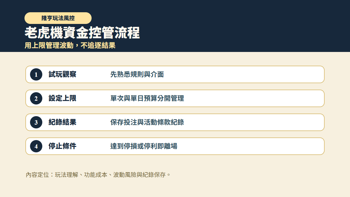 老虎機投注節奏與停損條件示意,提醒玩家控制單次娛樂預算