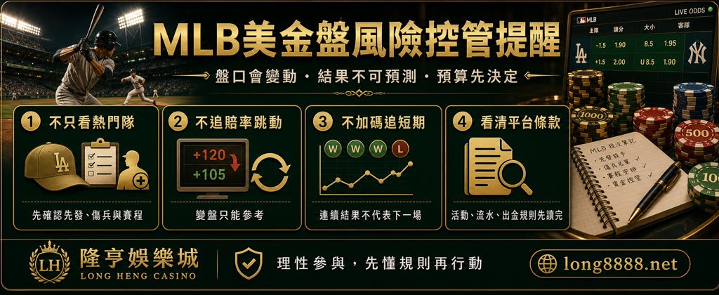 MLB美金盤風險控管提醒圖，整理熱門隊、賠率跳動、短期結果與平台條款