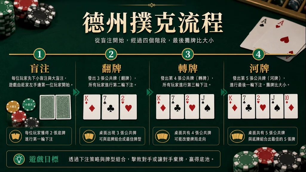德州撲克流程盲注翻牌轉牌與河牌圖解