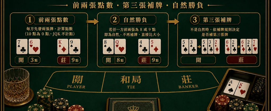 真人百家樂發牌與補牌規則流程圖