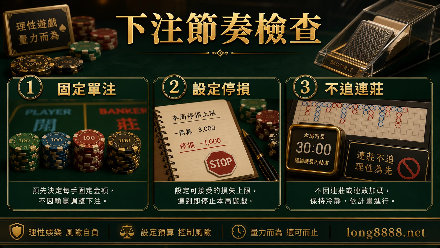百家樂固定單注設定停損與不追連莊下注節奏圖