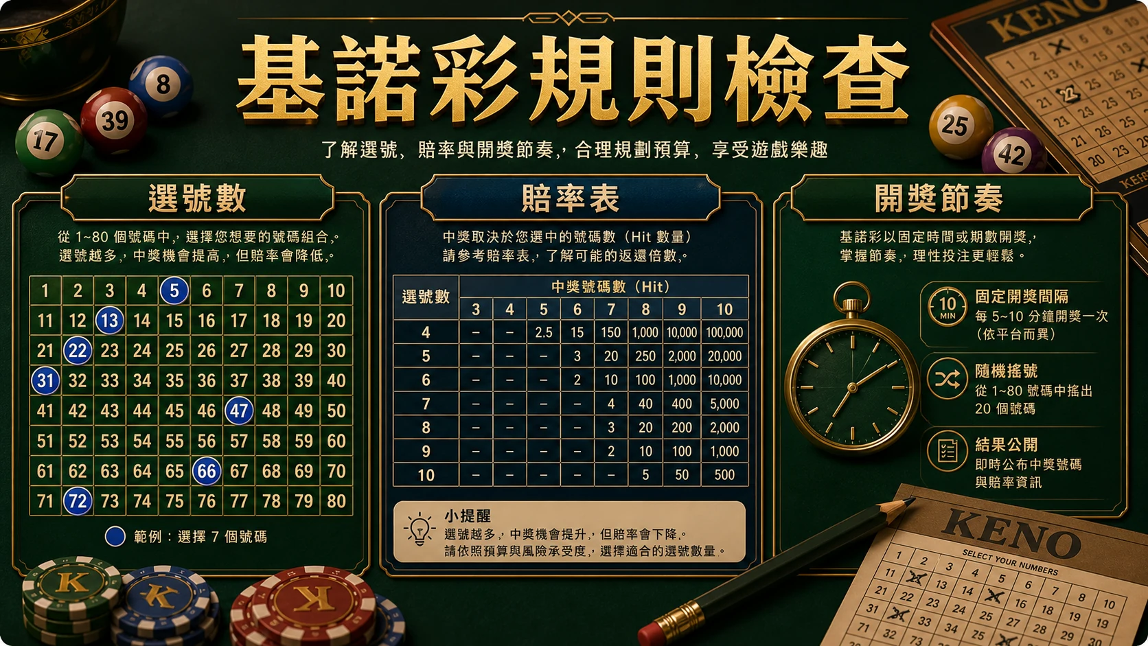 基諾彩選號數賠率表與開獎節奏規則檢查圖