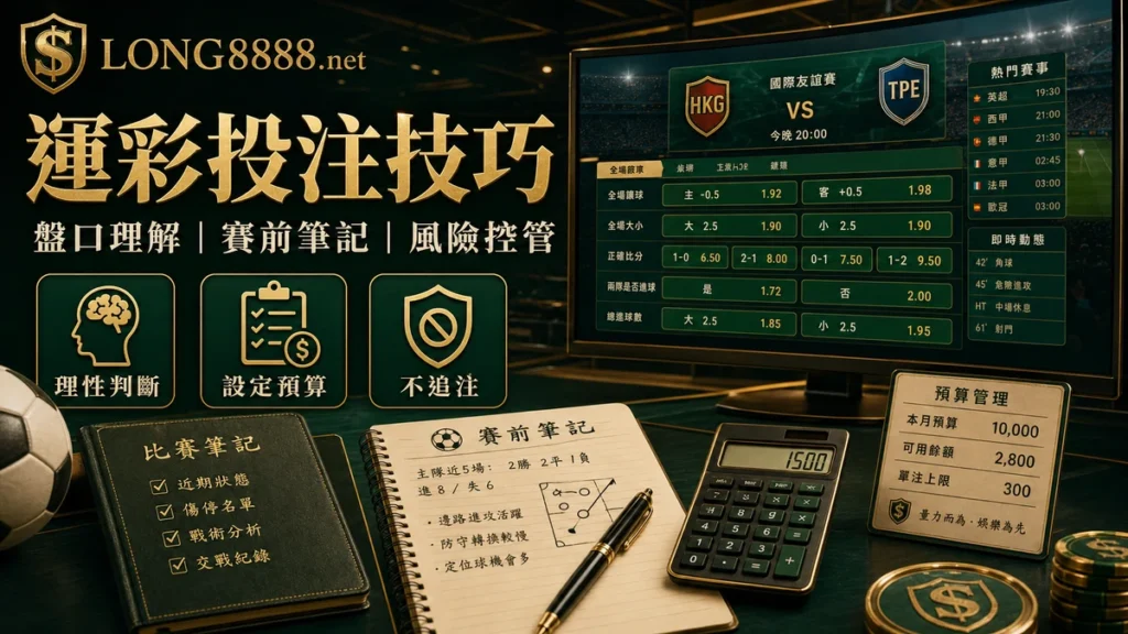 LONG8888 運彩投注技巧 GPT IMAGE2 圖卡，呈現盤口理解、賽前筆記與風險控管。