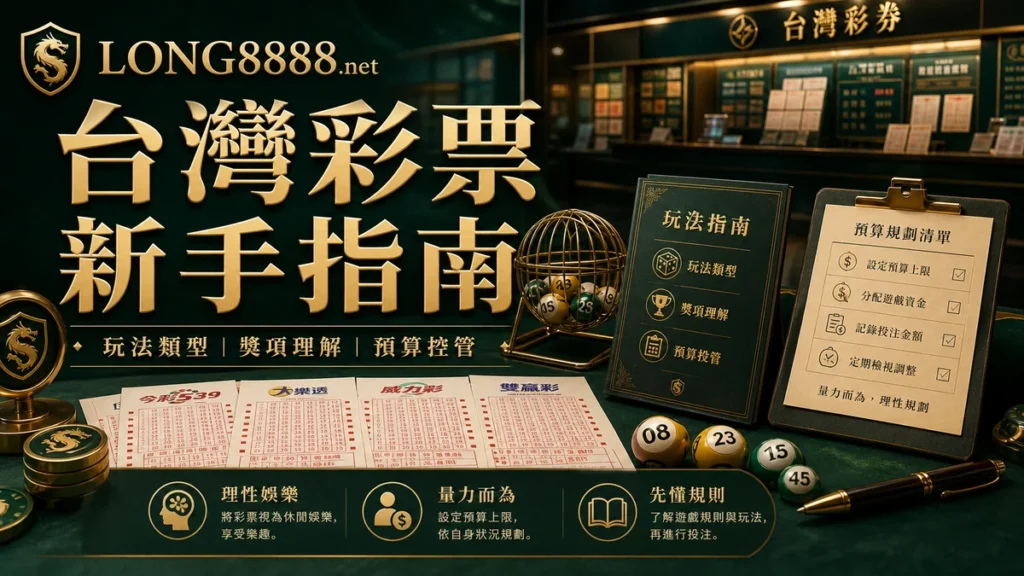 LONG8888 台灣彩票新手指南 GPT IMAGE2 圖卡,說明玩法類型、獎項理解與預算控管。