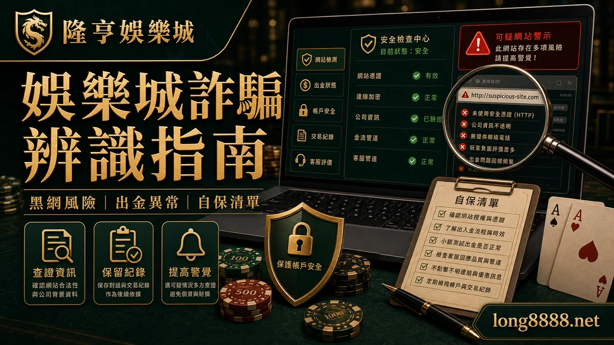隆亨娛樂城 娛樂城詐騙辨識指南 GPT IMAGE2 圖卡，左上品牌、右下網址，提醒黑網風險、出金異常與自保清單。