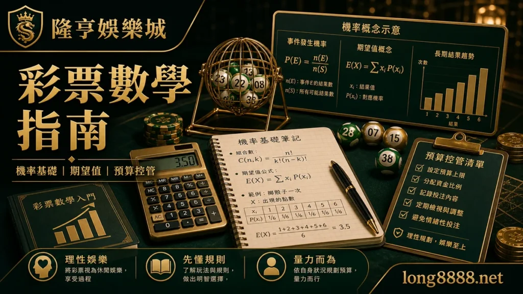 隆亨娛樂城 彩票數學指南 GPT IMAGE2 圖卡,左上品牌、右下網址,說明機率基礎、期望值與預算控管。