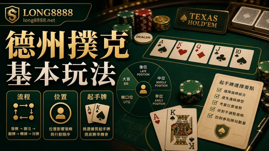 LONG8888 德州撲克基本玩法 GPT IMAGE2 圖卡,呈現起手牌、位置觀念與流程重點。