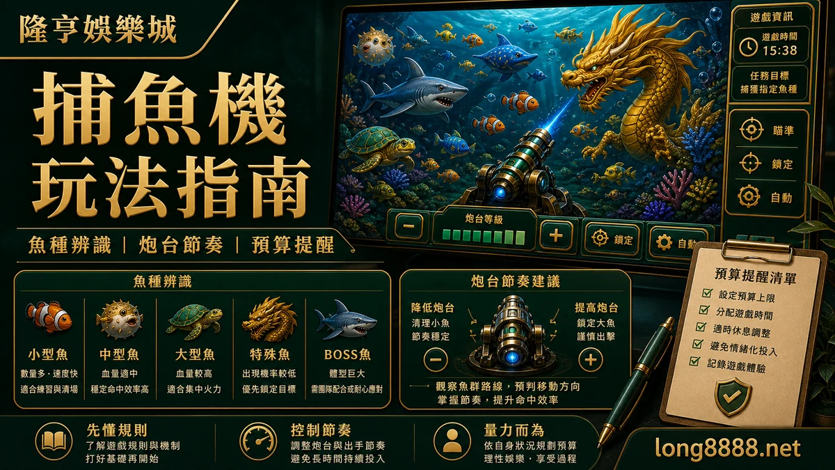 隆亨娛樂城 捕魚機玩法指南 GPT IMAGE2 圖卡，左上品牌、右下網址，整理魚種辨識、炮台節奏與預算提醒。