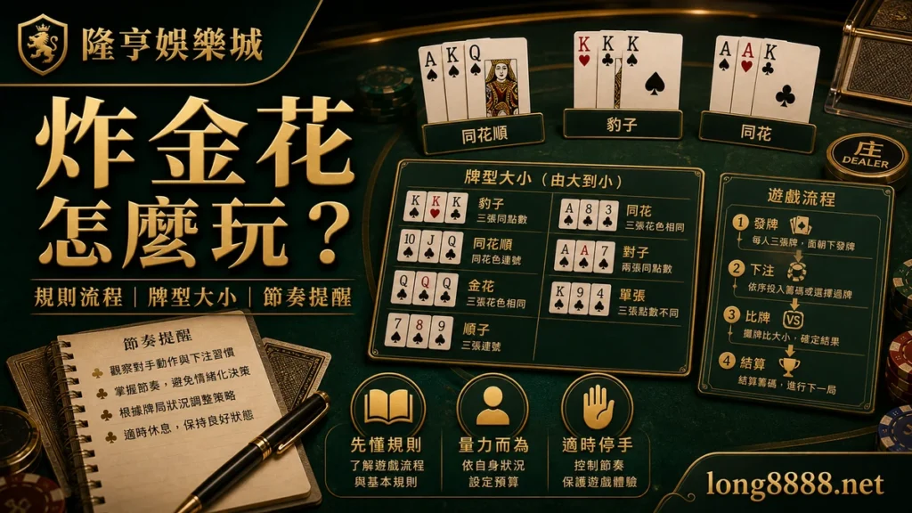 隆亨娛樂城 炸金花怎麼玩 GPT IMAGE2 圖卡,左上品牌、右下網址,說明規則流程、牌型大小與節奏提醒。