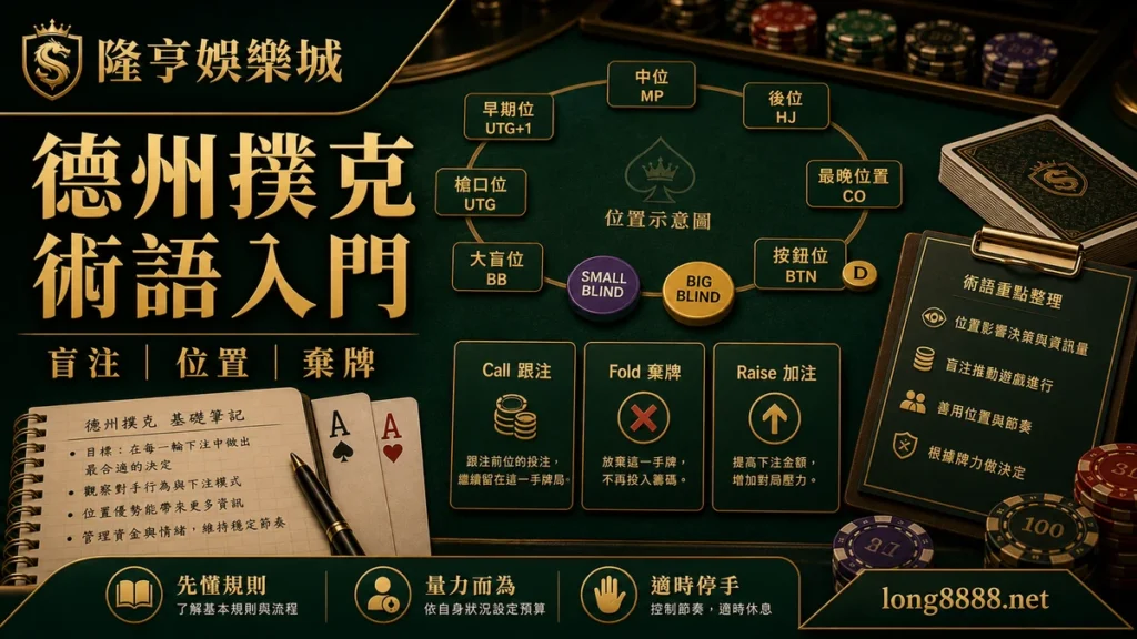 隆亨娛樂城 德州撲克術語入門 GPT IMAGE2 圖卡,左上品牌、右下網址,說明盲注、位置與棄牌。