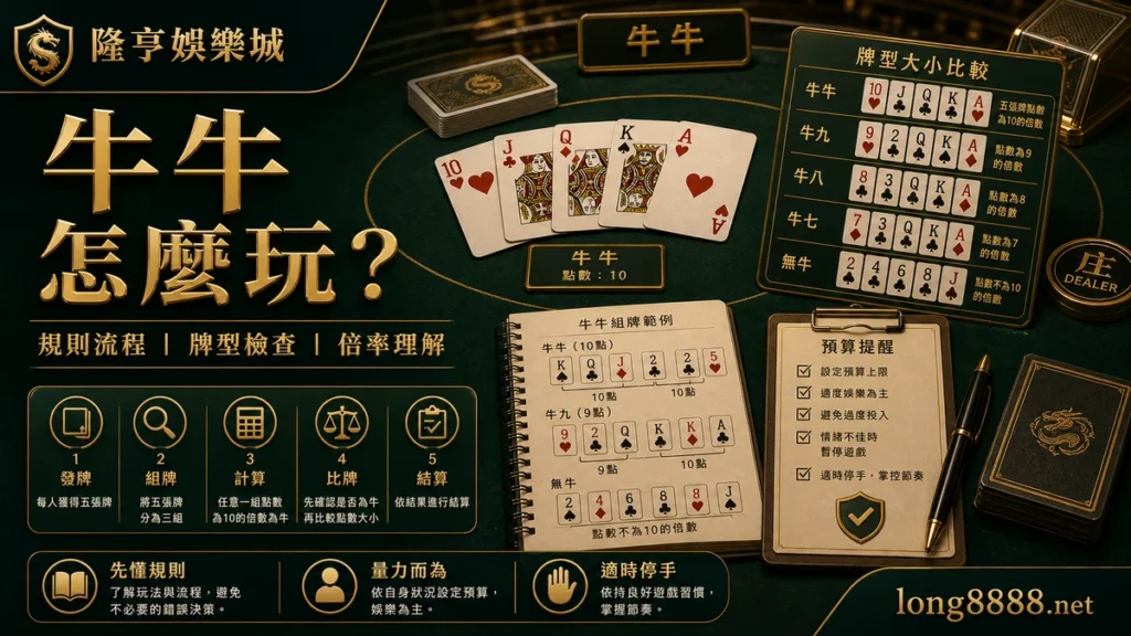 隆亨娛樂城 牛牛怎麼玩 GPT IMAGE2 圖卡，左上品牌、右下網址，整理規則流程、牌型檢查與倍率理解。