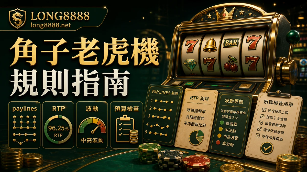 角子老虎機規則指南圖文封面，包含 paylines、RTP、波動與預算檢查