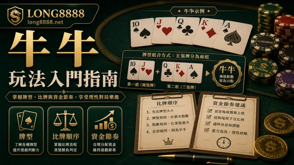 LONG8888 牛牛玩法入門指南 GPT IMAGE2 圖卡,呈現牌型比較、回合流程與預算提醒。